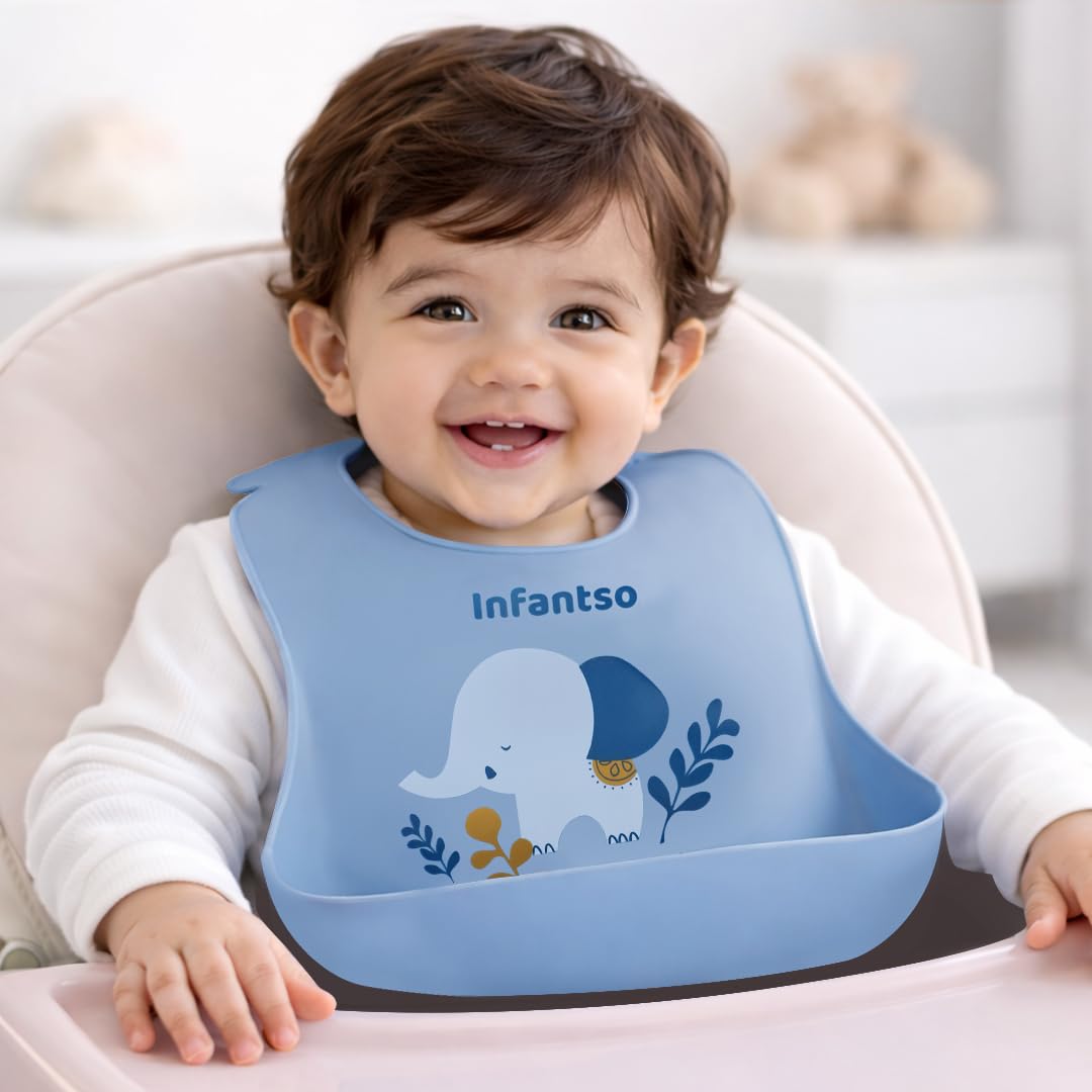 Infantso Silicone Baby Bibs (2pcs) Ultra Light Premium Silicone for Feeding & Weaning Babies & Toddlers, Waterproof, Washable & Reusable, Non Messy Easy Cleaning, No Odour, Adjustable Button Neckline