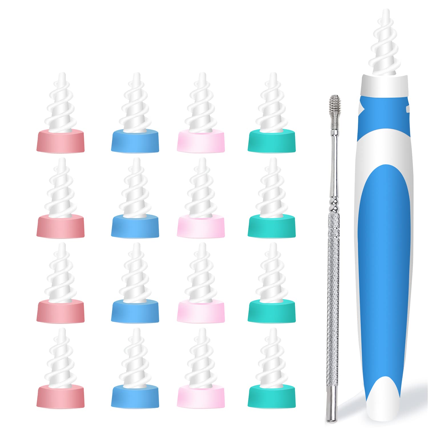 Ear Wax Removal with Silicone Ear Wax Removal Tool,Q-Grips Earwax Remover with 16 Replacement Heads Q Grip, Safe Spiral Ear Wax Removal Tool Kit