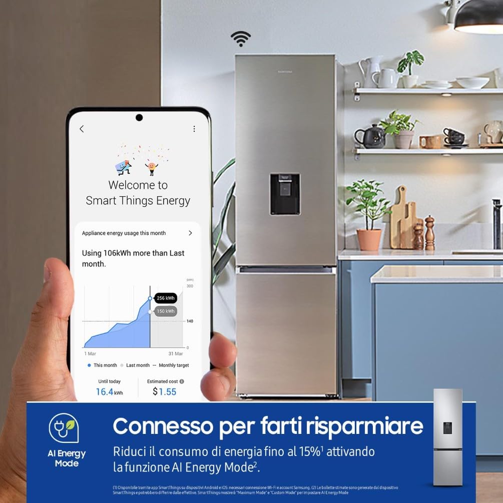 Samsung Frigorifero Combinato EcoFlex AI RB38C634DSA/EF con Dispenser dell'Acqua, WiFi, SpaceMax, Total No Frost, Motore Digital Inverter Garantito 20 Anni, 386 L, LxAxP: 59,5x203x65,8 cm, Silver Inox