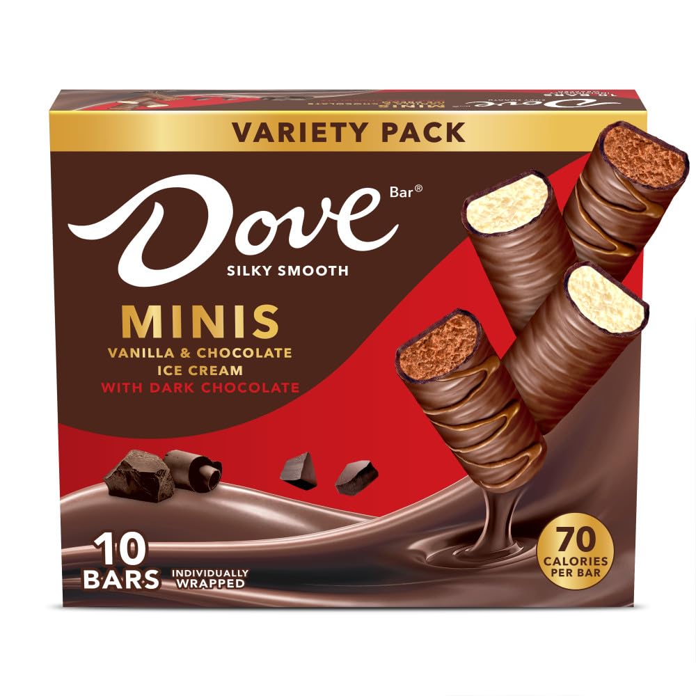 DOVE Ice Cream Vanilla & Chocolate Mini Dark Chocolate Individually Wrapped Ice Cream Bars Assortment, 10 Pack, 0.75 Oz Bars