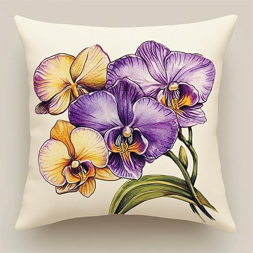 Wallphantom Women's Flowers Cross Stitch Cushion Cover Kit For Adults Beginners,Beautiful Orchid,Pre-Printed Embroidery Set,Diy Handmade Needlepoint Pillow Kit Home Decor,45X45cm