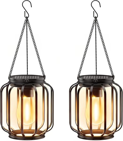 Solar Lanterns Outdoor Waterproof, 13.38 Metal Hanging Lights with Hook, Bright and Warm Classic Outdoor Solar Lights fo