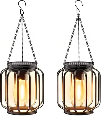 Solar Hanging Lanterns Outdoor 2 Pack - Metal Solar Lights with Hook, Waterproof LED for Yard Garden Patio Porch Decor