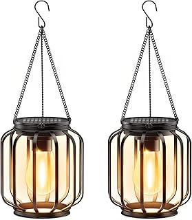 Solar Hanging Lanterns Outdoor: 2 Pack Metal Solar Hanging Lights with H...