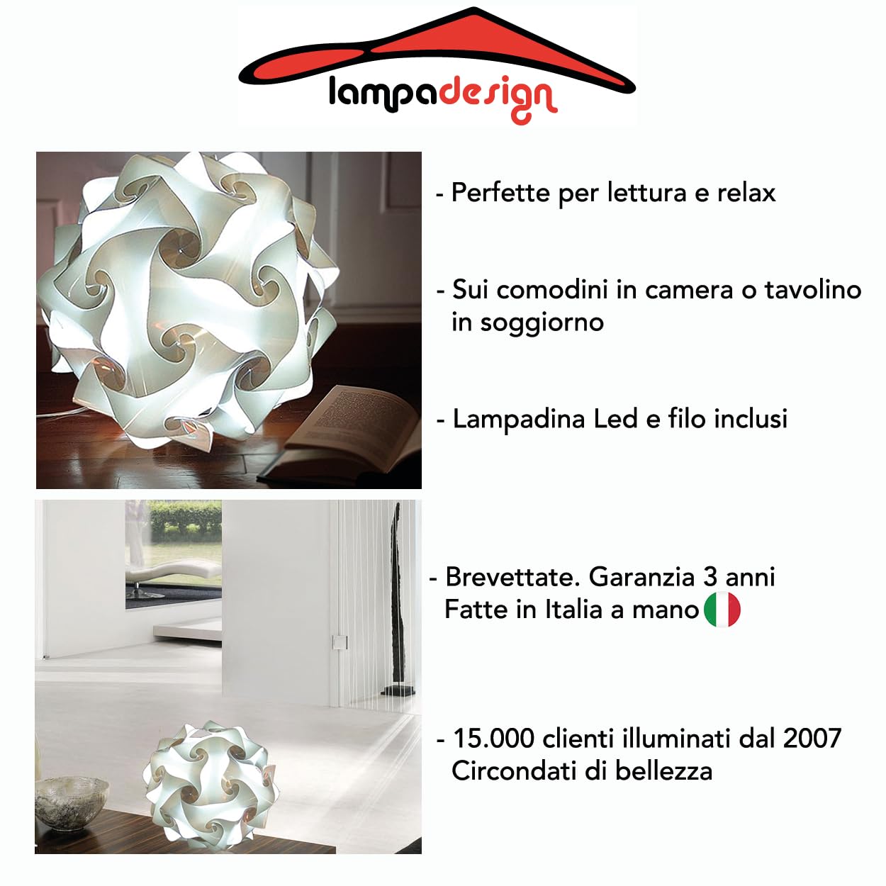 Lampadesign ® Lampada da comodino Camera da letto a Led Sfera Bianca moderna Abat jour FIOCCO 23 cm Luce notte lettura relax Tavolo Tavolino Scrivania Lampadina E27 Lampade comodini stanza