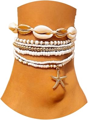 Boho Beaded Shell Anklet Bracelets for Women, 7 Pcs Layered Cowrie Shell & Colorful Beaded Ankle Bracelets with Gold Starfish Charm, Adjustable Summer Beach Foot Jewelry Gifts