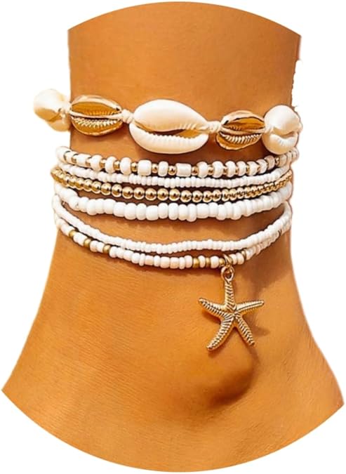 Boho Beaded Shell Anklet Bracelets for Women, 7 Pcs Layered Cowrie Shell & Colorful Beaded Ankle Bracelets with Gold Starfish Charm, Adjustable Summer Beach Foot Jewelry Gifts