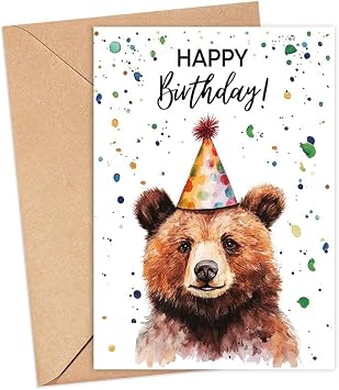 Bear Birthday Card With Party Hat - Happy Birthday Card - Bear Gift - Zoo Safari Animal Birth - Zoo Greeting Cards - Bears Watercolour Cards - Animal Lover Birth Gift