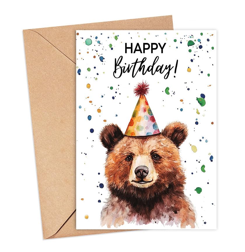 HKDesignGift Bear Birthday Card With Party Hat - Happy Birthday Card - Bear Gift - Zoo Safari Animal Birth - Zoo Greeting Cards - Bears Watercolour