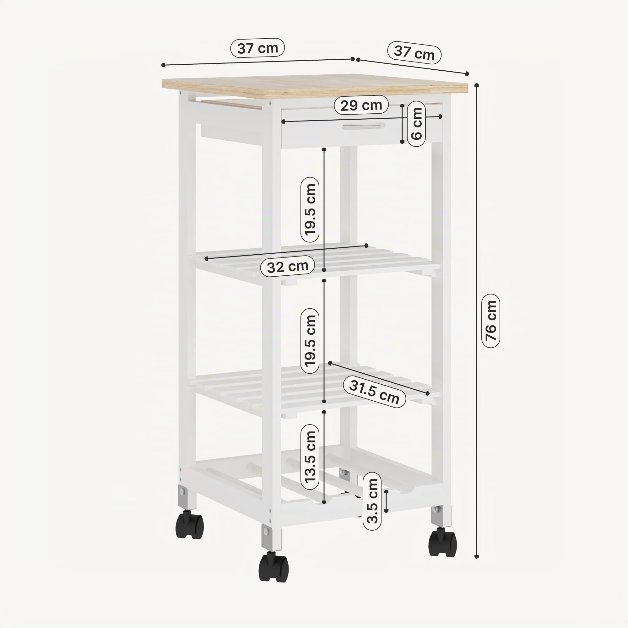 [en.casa] Carro de Servicio Biel 76 x 37 x 37 cm Carro de Catering para Cocina Mueble Mueltiuso con 2 Estantes 1 Cajón 1 Botellero Almacenamiento con 4 Ruedas - Blanco y Madera