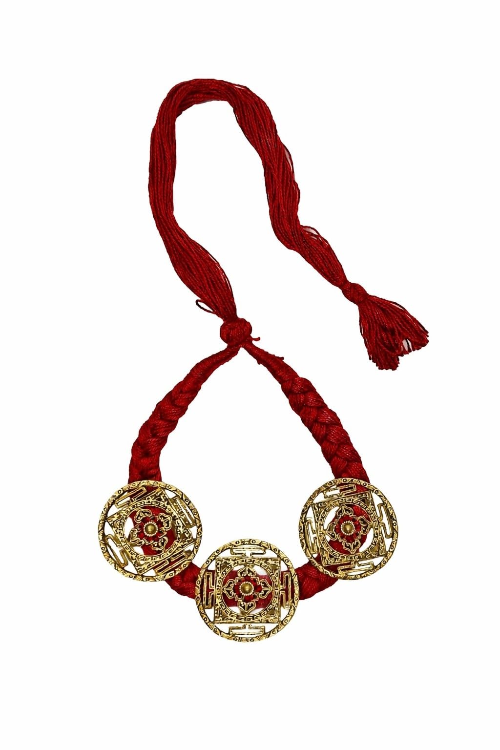 athizay Deep Red Necklace with Brass Mandala Ring Dial Having drawstring Closure Ethnic Thread choker collar Mandala Jewelry for Women-picture-2