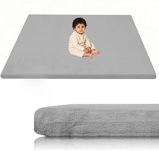 Velvet Baby Play Mat for Floor, 1.3" Thick Elasti-Foam 47"×47" Playpen Mat with Removable & Washable Velvet Cover for Toddler, Infant,Kids, Non-Slip Crawling Mat for Tummy Time (Grey)