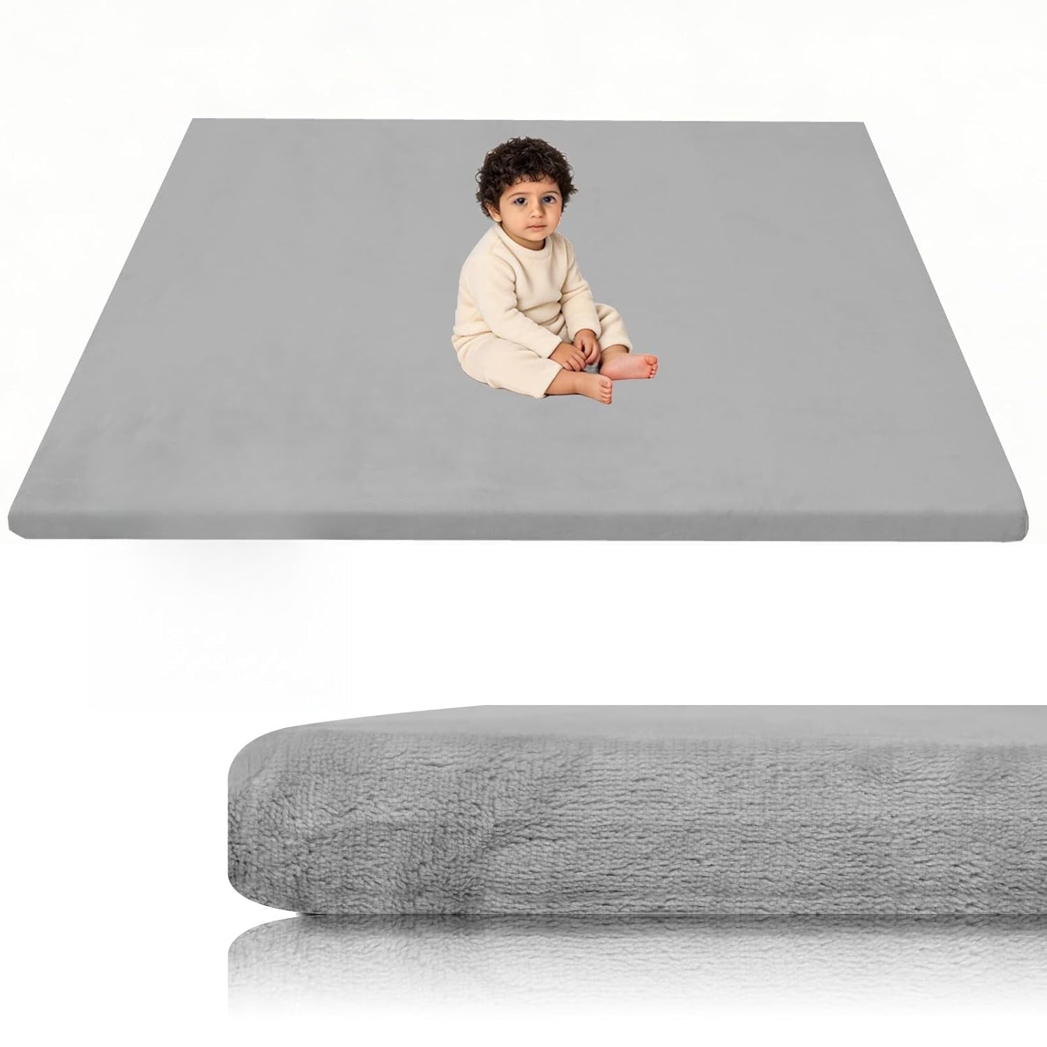 Velvet Baby Play Mat for Floor, 1.3" Thick Elasti-Foam 47"×47" Playpen Mat with Removable & Washable Velvet Cover for Toddler, Infant,Kids, Non-Slip Crawling Mat for Tummy Time (Grey)