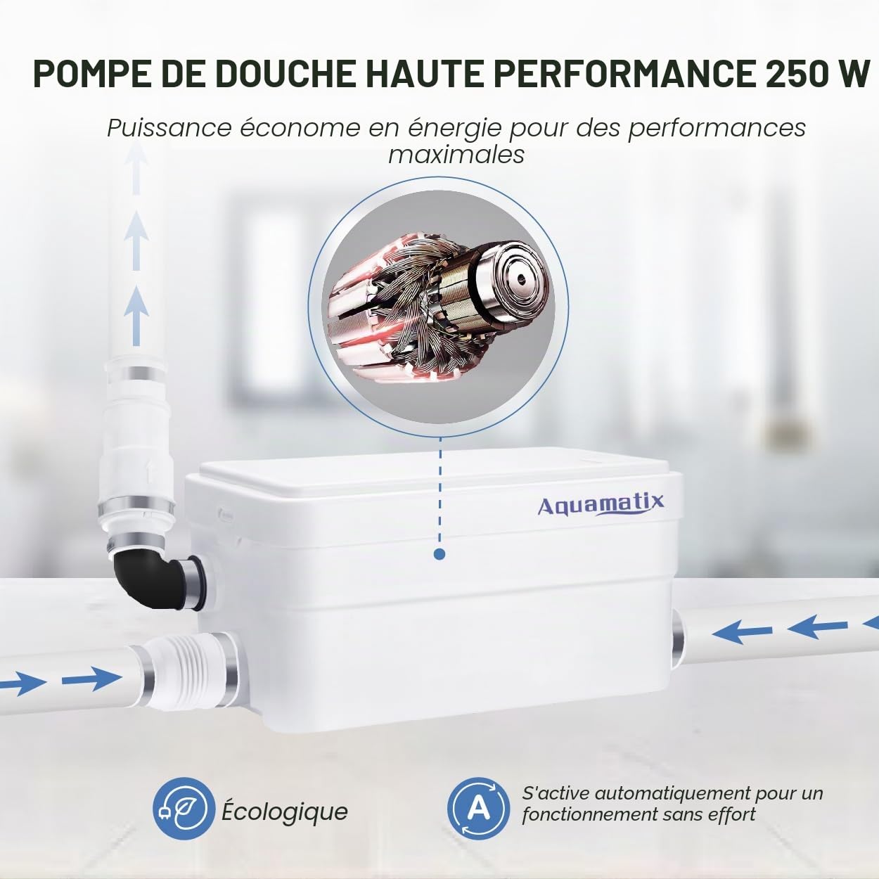 Aquamatix Duscha Pompe de douche 250W Pomp de Relevage Broyeur Sanitaire 10m Distance de pompage verticale 135L/minpour douches, éviers 2 entrées
