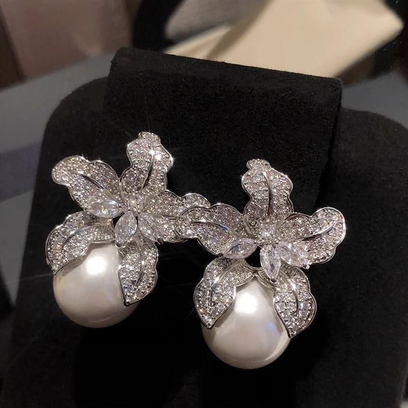 Full of Diamond Lily Earrings Temperament Flower Pearl Earrings Pearl Flower Studs Earrings for Women, 925 Sterling Silver Exaggerated Statement Earrings Jewelry for Party Prom - Image 6