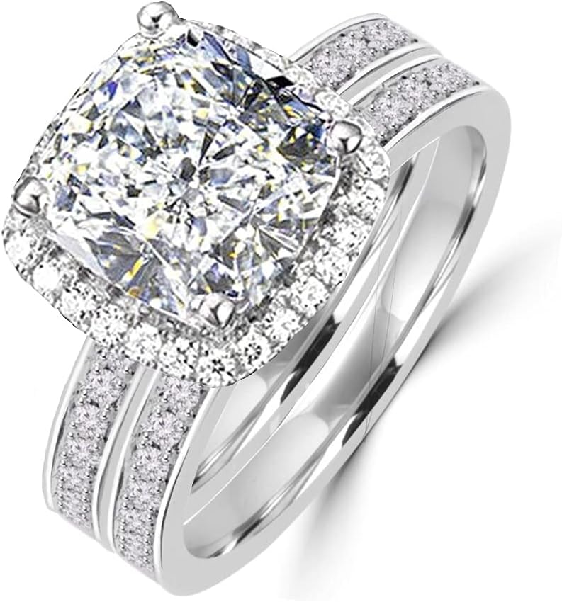 101 facets 2 Carat Princess Cushion Cut NSCD Simulated Diamond Ring Band Set Solid 925 Silver Halo DBCUSHSET7