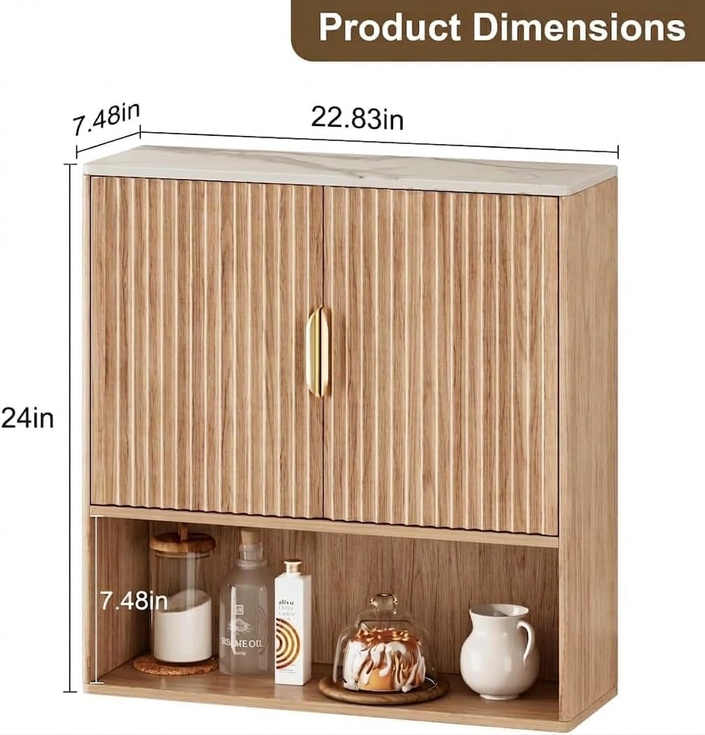 Bathroom Wall Cabinet, Wall Mounted Storage Cabinet with Fluted Doors & Adjustable Shelf, Medicine Cabinet Over the Toilet Storage for Bathroom & Laundry Room & Kitchen, Natural Wood Finish