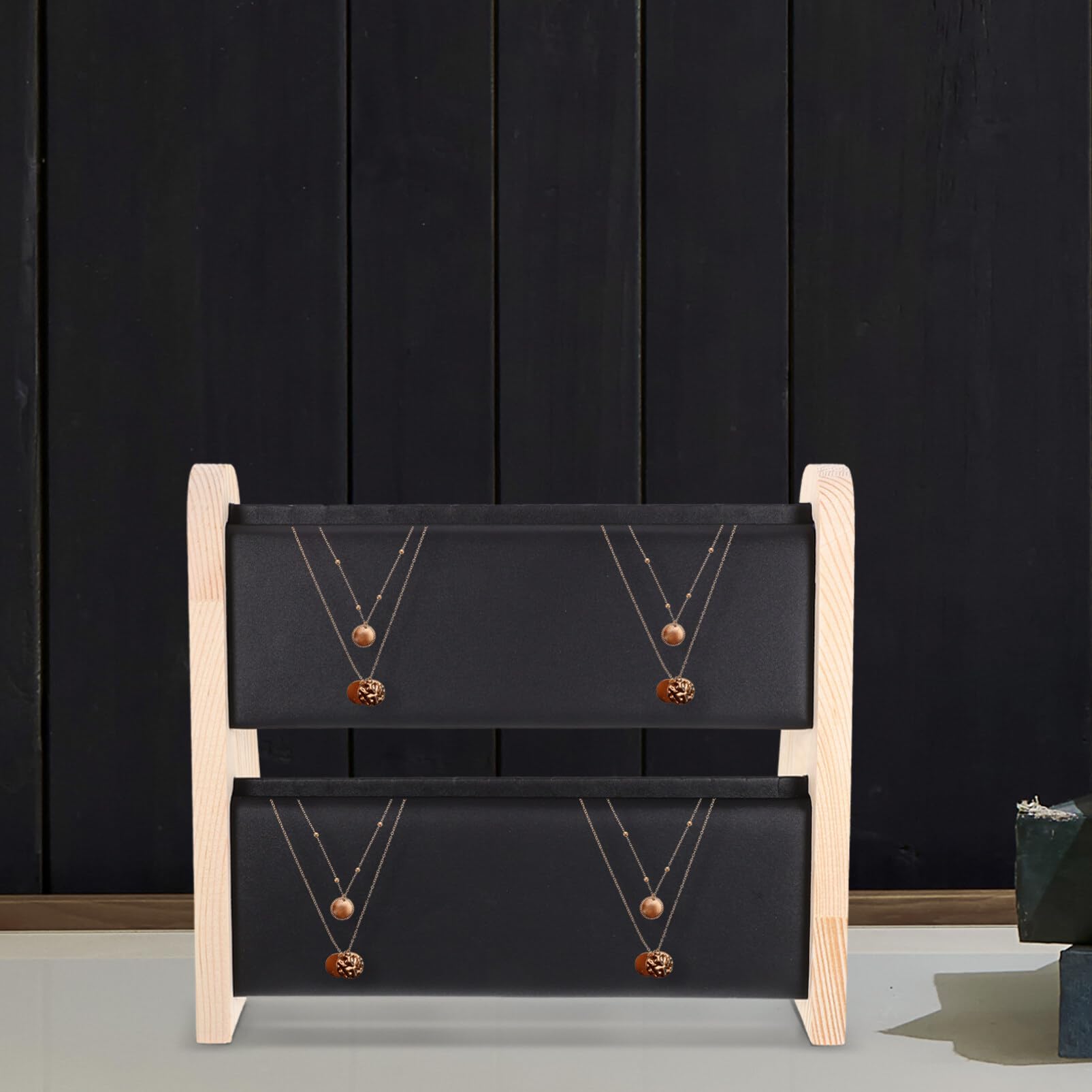 Luxshiny Espositore per Collane in Legno da Tavolo a Doppio Livello Nero | Base in Spugna e Cuoio, Superficie Liscia e Lucidata, per Fiere e Attività Commerciali