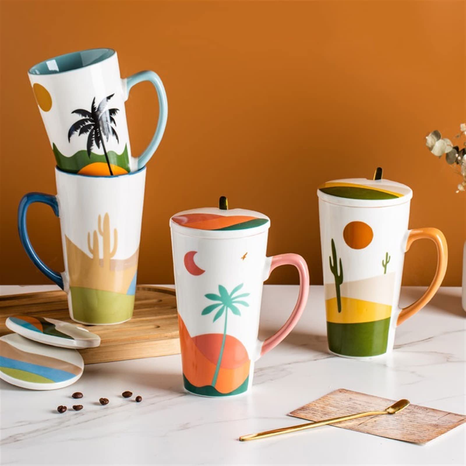 Kubek do picia 500 ml, duży kubek z pokrywką, łyżeczka, kubek do mleka, kubek do kawy, kubek z porcelany kostnej, kubek do wody biurowej, kubek do kawy (D) (C)