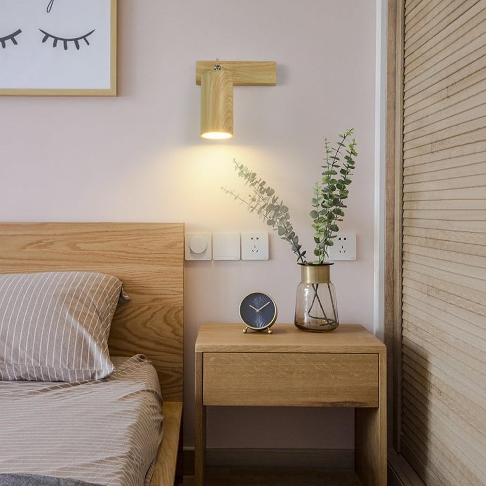 Lampa ścienna LED do sypialni, regulowana lampa do czytania na ścianie, lampka nocna do czytania z efektem drewna, 5 W, białe światło 6000 K, lampka do czytania zagłówka