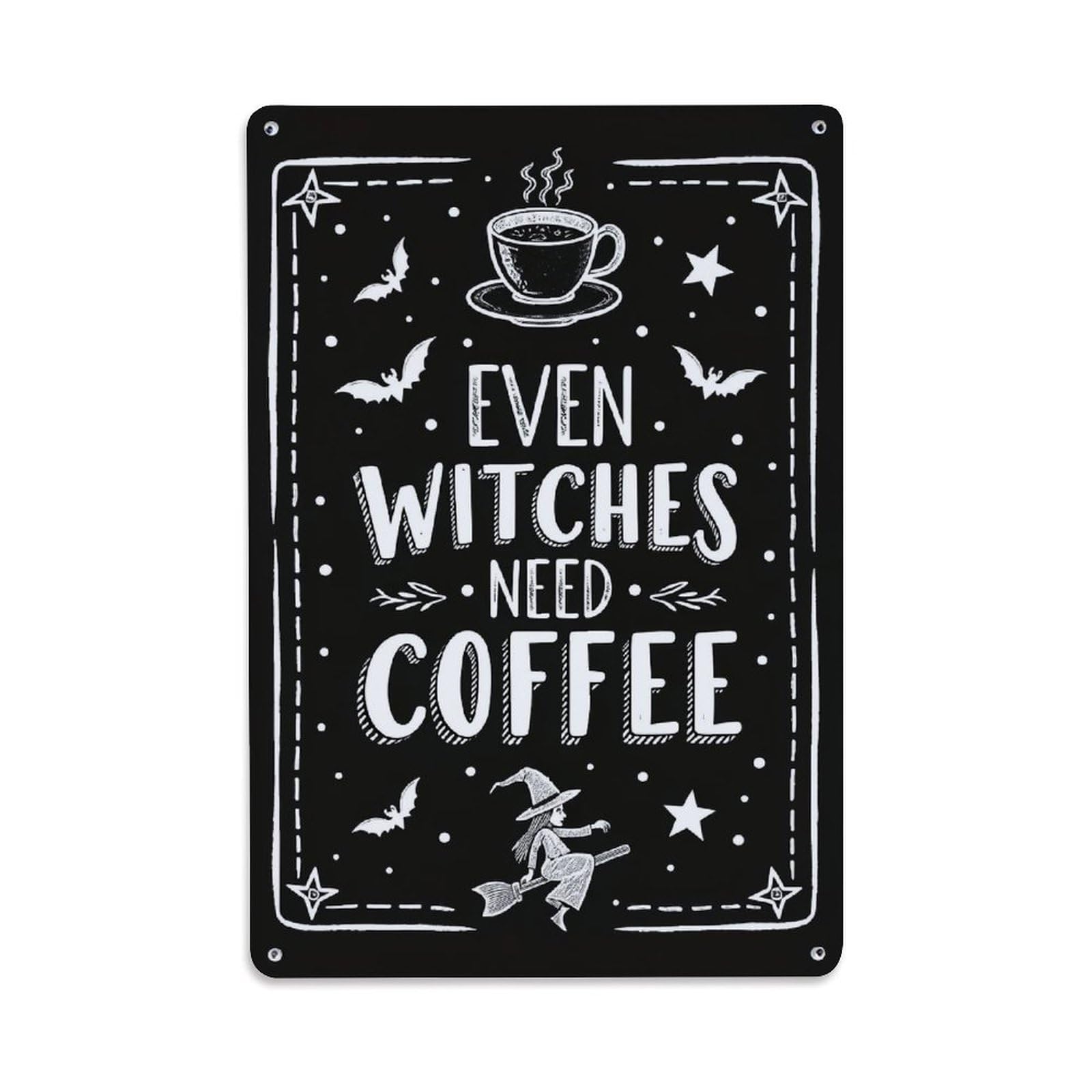 Jdfenggu Vintage Even Witches Need Coffee Print Retro Metal Tin Sign, Metal Poster For Bar, Home, Man Cave, Kitchen, Laundry Room Art Decor 8X12 Inch