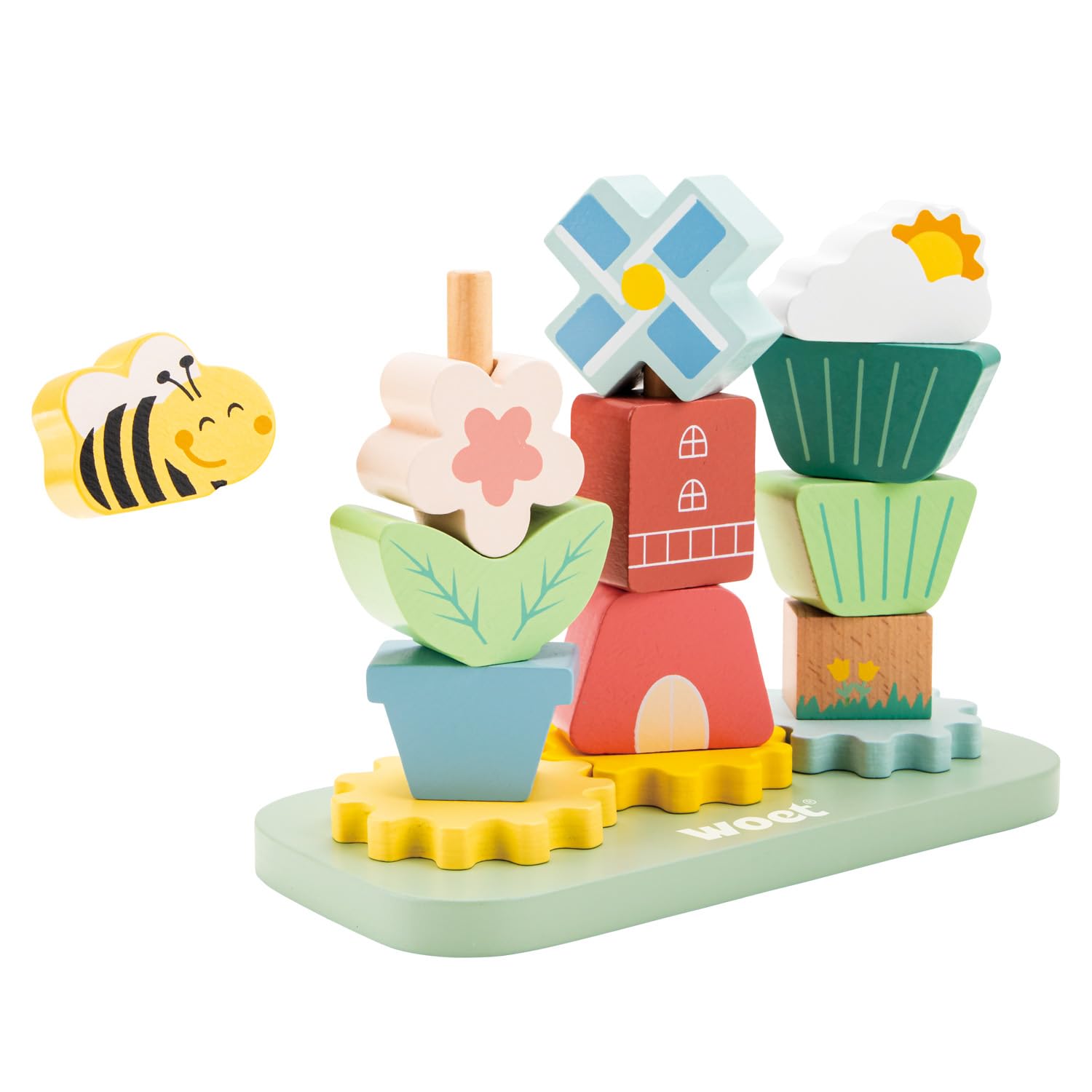 Woet Wooden Stacking & Building Toy – Garden Puzzle with Flowers & Gears for Toddlers 12 Months+ – FSC Educational Gift for Boys and Girls, Sorting & Color Learning