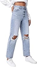 SweatyRocks Women's High Waist Ripped Distressed Cropped Jeans Straight Leg Denim Pants