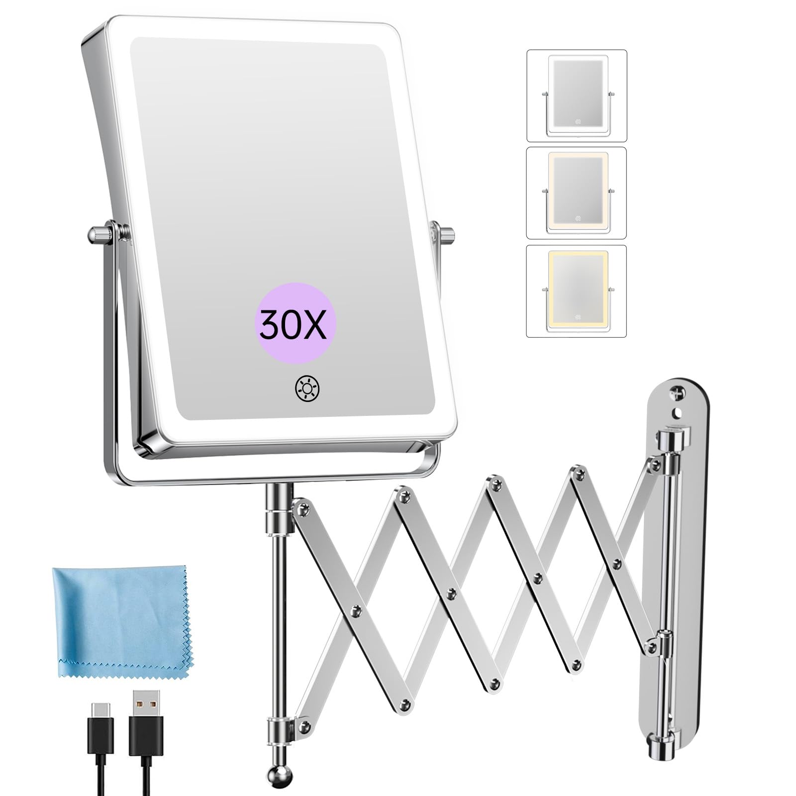 FASCINATE 5000mAh Rechargeable Wall Mounted Makeup Mirror with Lights 8 7 Inch Double Sided Touch Switch 1X 30X