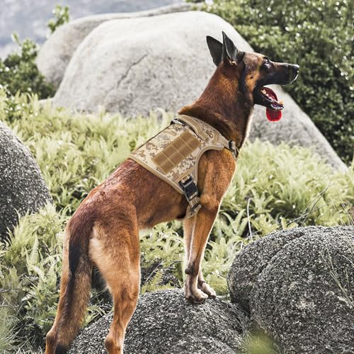 HEELE Hundegeschirr, Metall Taktisches Geschirr, Taktische Hundeweste, Service Hundegeschirr, MOLLE Sicherheitsgeschirr, Brustgeschirre für Hunde, Laufgeschirre für Hunde, Camouflage Braun, M
