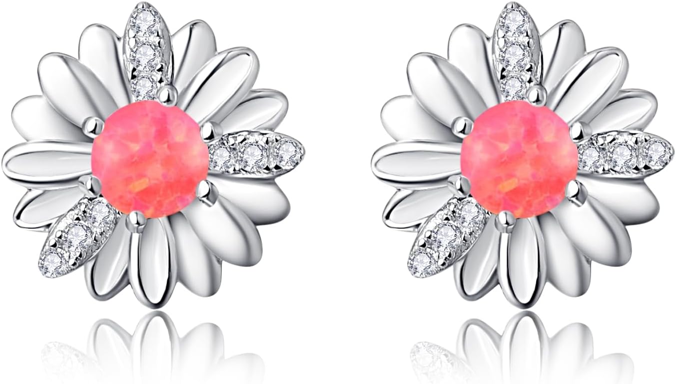 KINGWHYTE Daisy Flower Earrings S925 Sterling Silver Opal Studs Earrings Daisy Earrings Birthday Jewelry Gift for Women