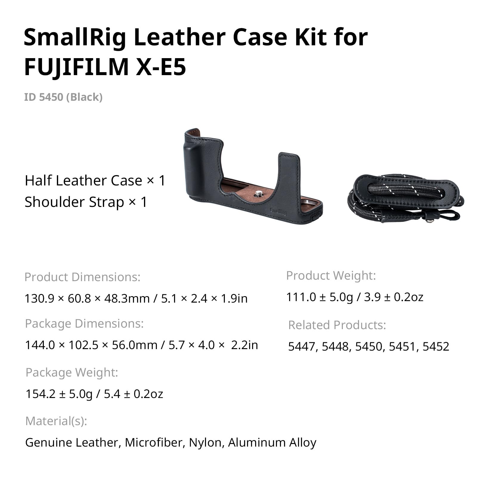 SMALLRIG Zestaw skórzanych futerałów do FUJIFILM X-E5, Vintage Half-Body Shell do FUJIFILM X-E5, z paskiem na ramię (czarny) - 5450