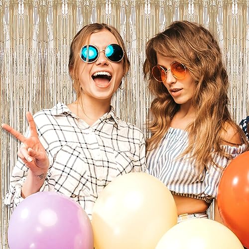 Image of 3 Pack Champagne Gold Foil Fringe Curtain Backdrop, 3.28Ft x 9.8Ft Metallic Tinsel Foil Fringe Streamer Curtains for Photo Booth, Christmas Day, Thanksgiving, Wedding, New Year Party Decorations
