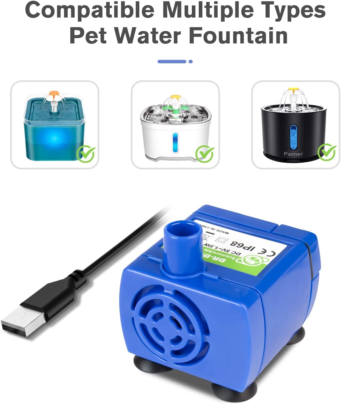 Peteast Cat Fountain Pump, Ultra Quiet Cat Water Fountain Pump, Small Pump for Aquarium, USB
