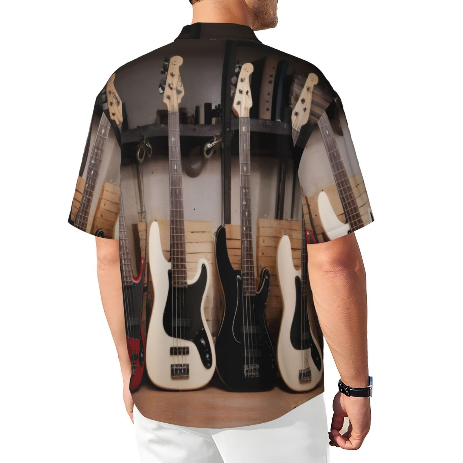 Chemise décontractée à manches courtes pour homme - Guitare basse - Instruments de musique - Chemise d'été boutonnée de plage avec poche | Chemises hawaïennes pour homme