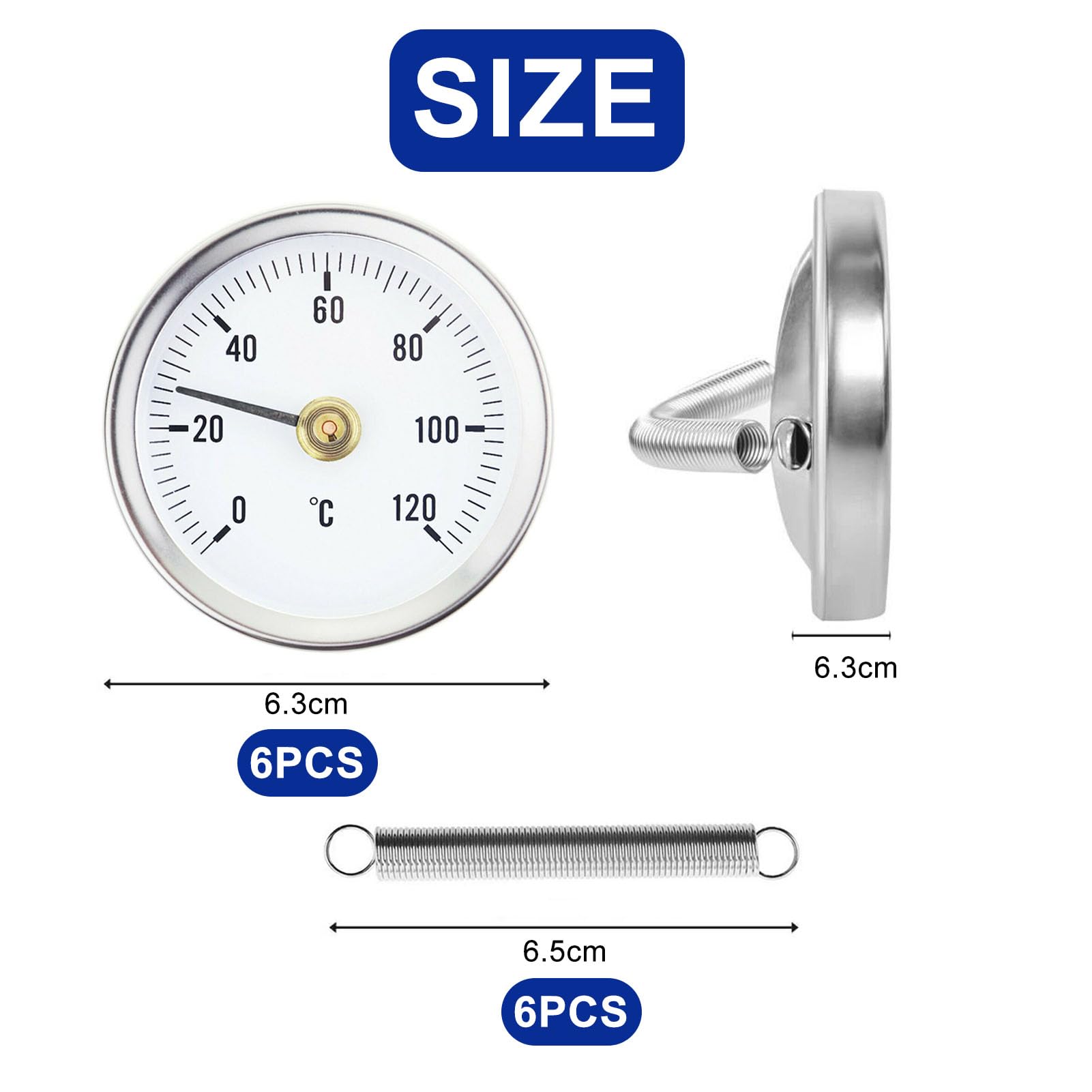 6 Stück Anlegethermometer Heizungsrohr,Temperaturanzeige Mit Clip-On Feder 0-120℃,Rohrthermometer 63 mm Rohr Thermometer,Heißes Wasser Rohr Thermometer,Zeigerthermometer für Rohre Kessel