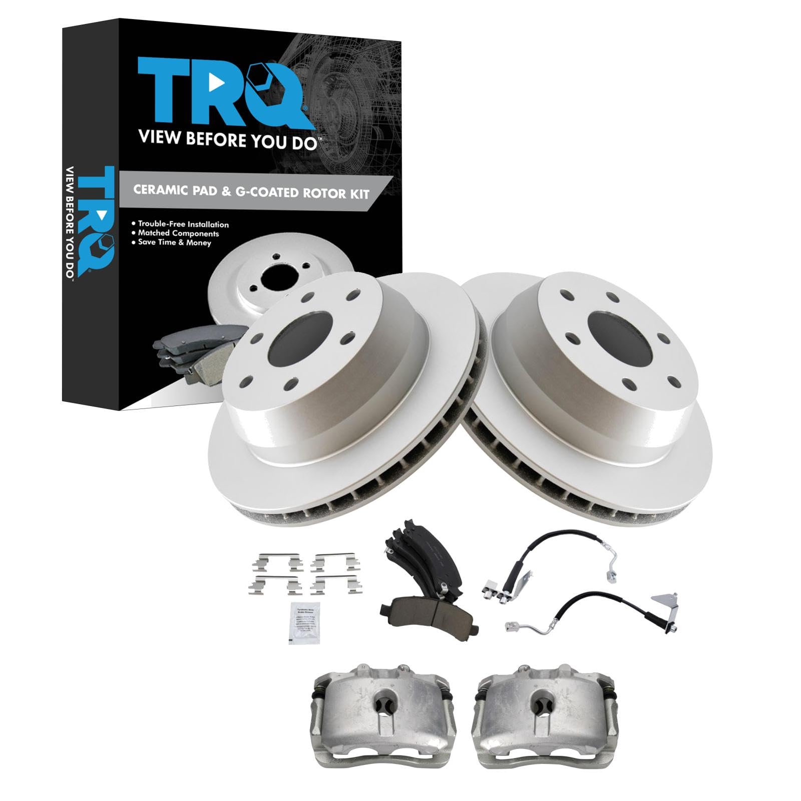 TRQ Rear Brake Pad &amp; Rotor Kit Ceramic Premium G-Coated Compatible with 2008-2014 Chevrolet Express 1500 2008-2013 GMC Savana 1500