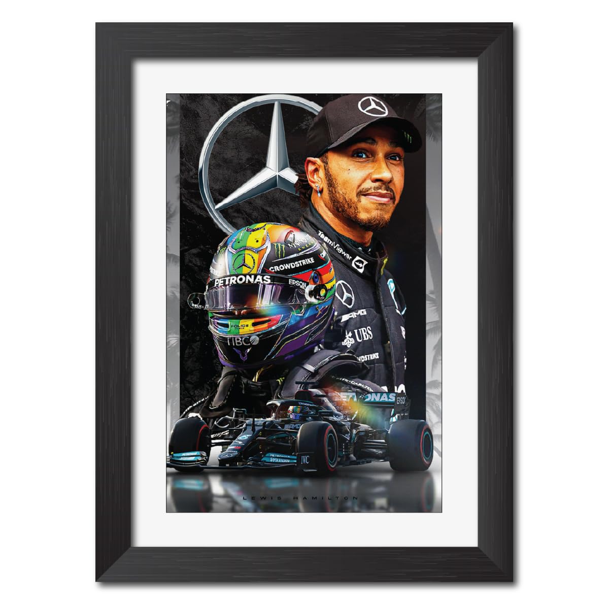 TenorArts Lewis Hamilton Poster Mercedes Formula One Car Racer Laminated Photo Framed Painting with Matt Finish Black Frame (9inches x 12inches)