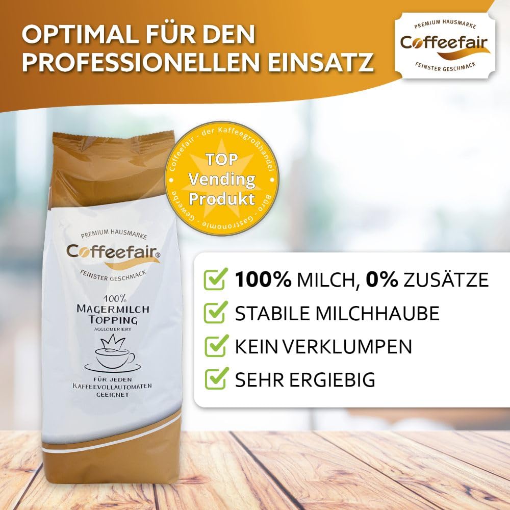 Coffeefair 100% Magermilch Topping agglomeriert 10 x 750 g, Milchpulver für Kaffeevollautomaten, ohne Zusätze, stabiler Milchschaum
