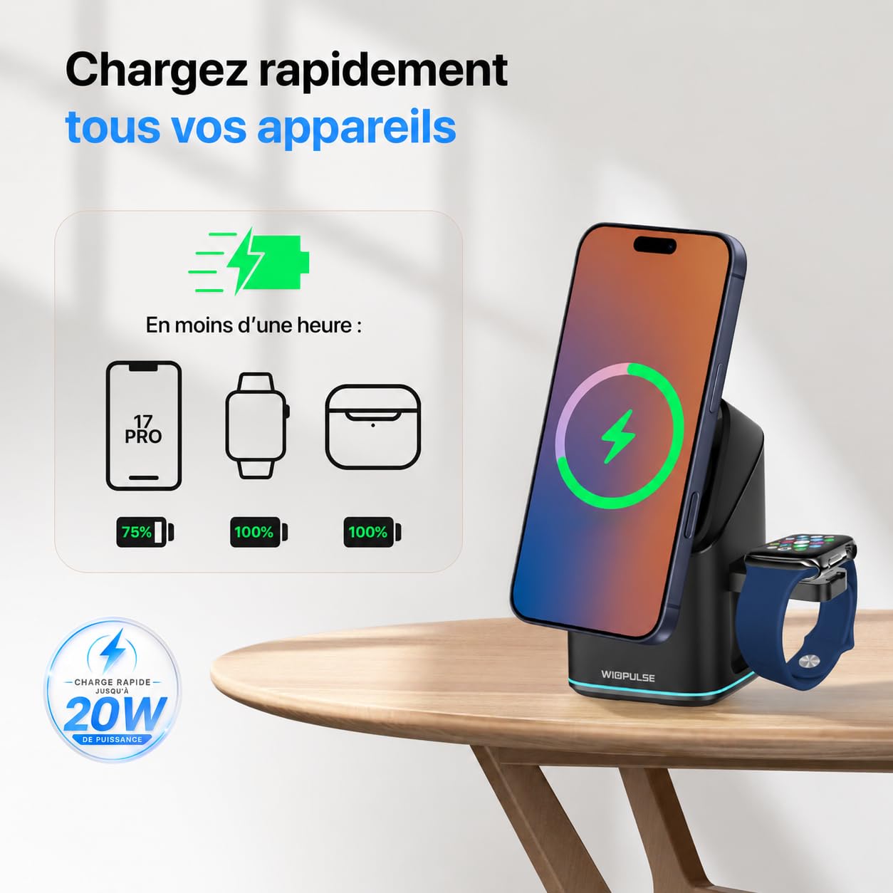 Station Charge 3en1 sans Fil pour iPhone Apple Watch AirPods