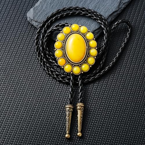 Image of GelConnie Bolo Tie for Men Women Western Cowboy Turquoise Leather Necktie | Natural Stone Bolo Tie Necklace for Women Rodeo Cowboy Leather Necktie Native American Western Cowgirl Ties Adjustable Cord