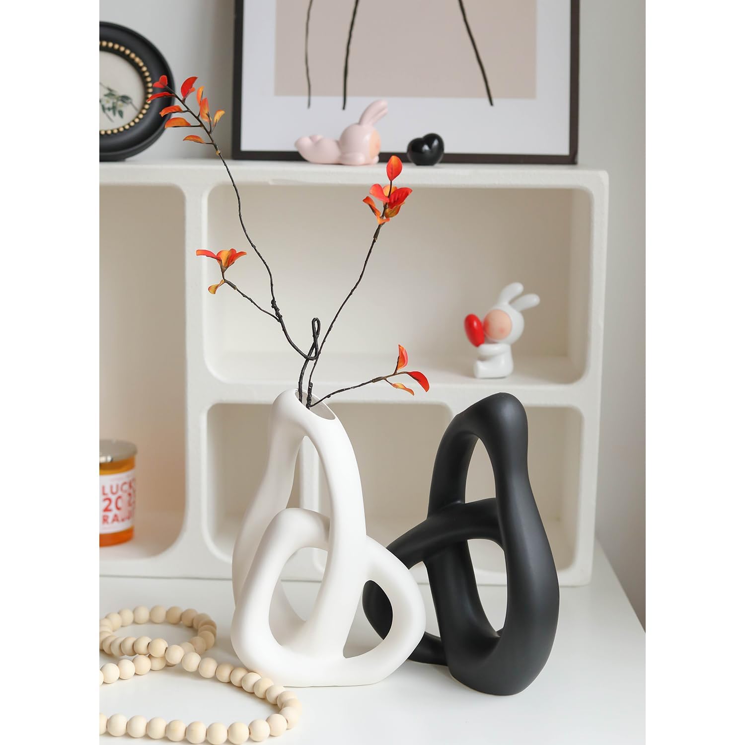 Jarrones modernos de cerámica blanca para decoración del hogar, florero decorativo bohemio para ramo de hierba de pampas, sala de estar, dormitorio, cocina, decoración maximalista (blanco) 7