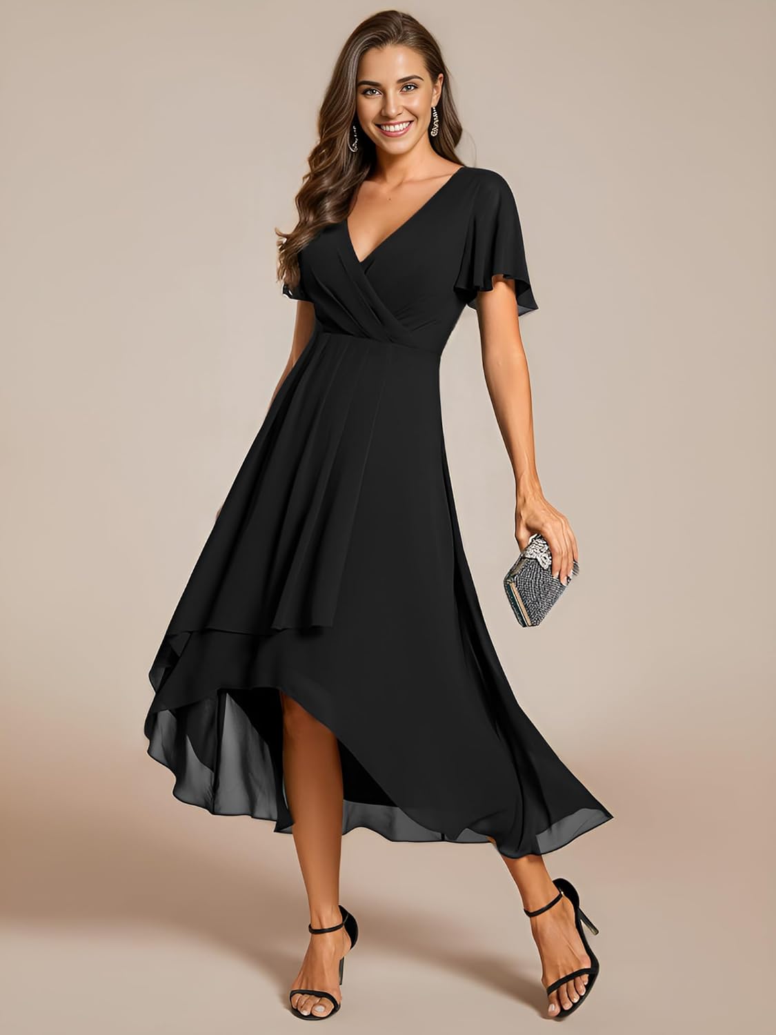 Ever-Pretty Women's Spring Chiffon Semi Formal Dresses V Neck Ruffle Sleeves High Low Cocktail Dress for Wedding Guest 2084 - Image 3