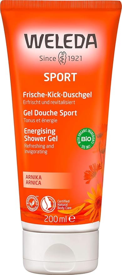Weleda – Gel de Ducha Sport, Limpia sin Resecar, Revitaliza la Piel y Relaja los Músculos, con Extracto de Árnica y Aceites Esenciales, 100% Biodegradable, Vegano, para Todo Tipo de Pieles – 200 ml