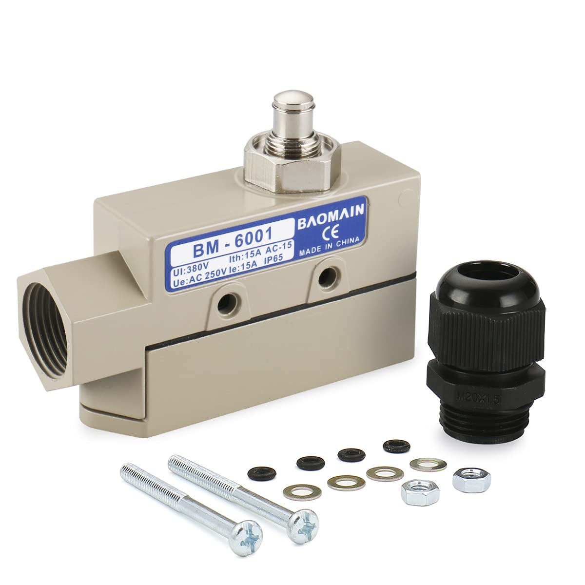 BAOMAIN TZ-6001 Limit Switch,Sealed BM-6001 15A 250VAC Plunger Actuator Momentary Micro Switch, IP65 Waterproof & Oil-Proof Aluminum Shell (Pack of 2)