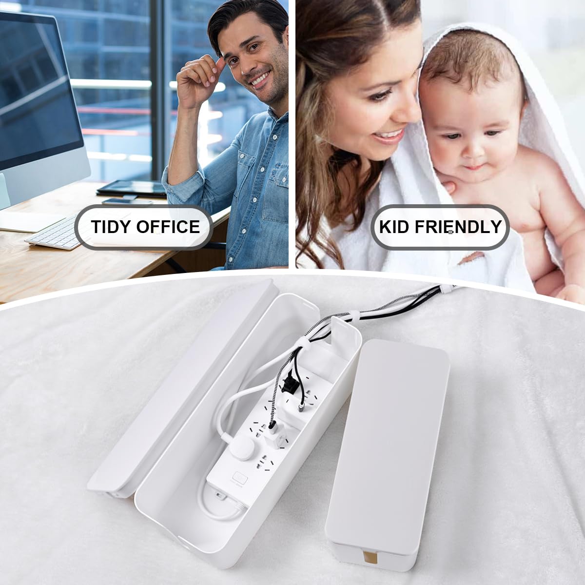 Caja de gestión de cables, paquete de 2 cajas organizadoras de cables grandes y medianos con 17 piezas de juego de gestión de cables, caja organizadora de cables para ocultar protector contra