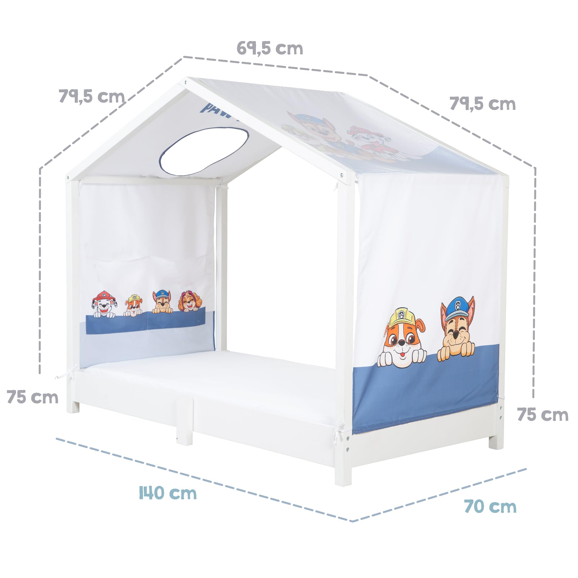 roba Bezug für Montessori Hausbetten 70 x 140 cm im Paw Patrol Design - Passendes Zubehör zum Umbau in Himmelbett - Inkl. 3 Aufbewahrungstaschen & Dachfenster