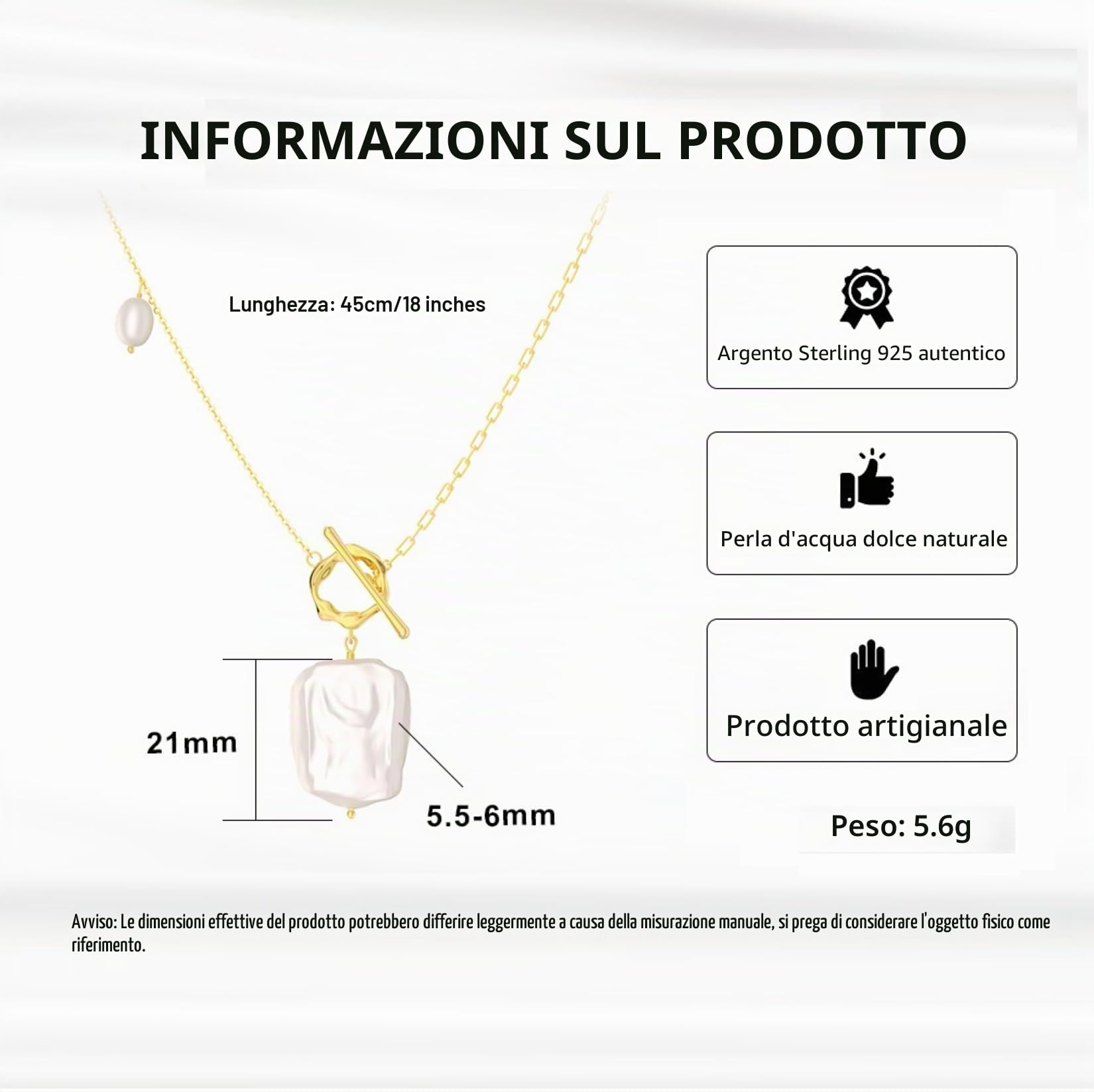 Collana STILE OT da Donna con Perle Coltivate Barocche d'Acqua Dolce, Collana Clavicola in Argento Sterling 925 Placcato in Oro 14k