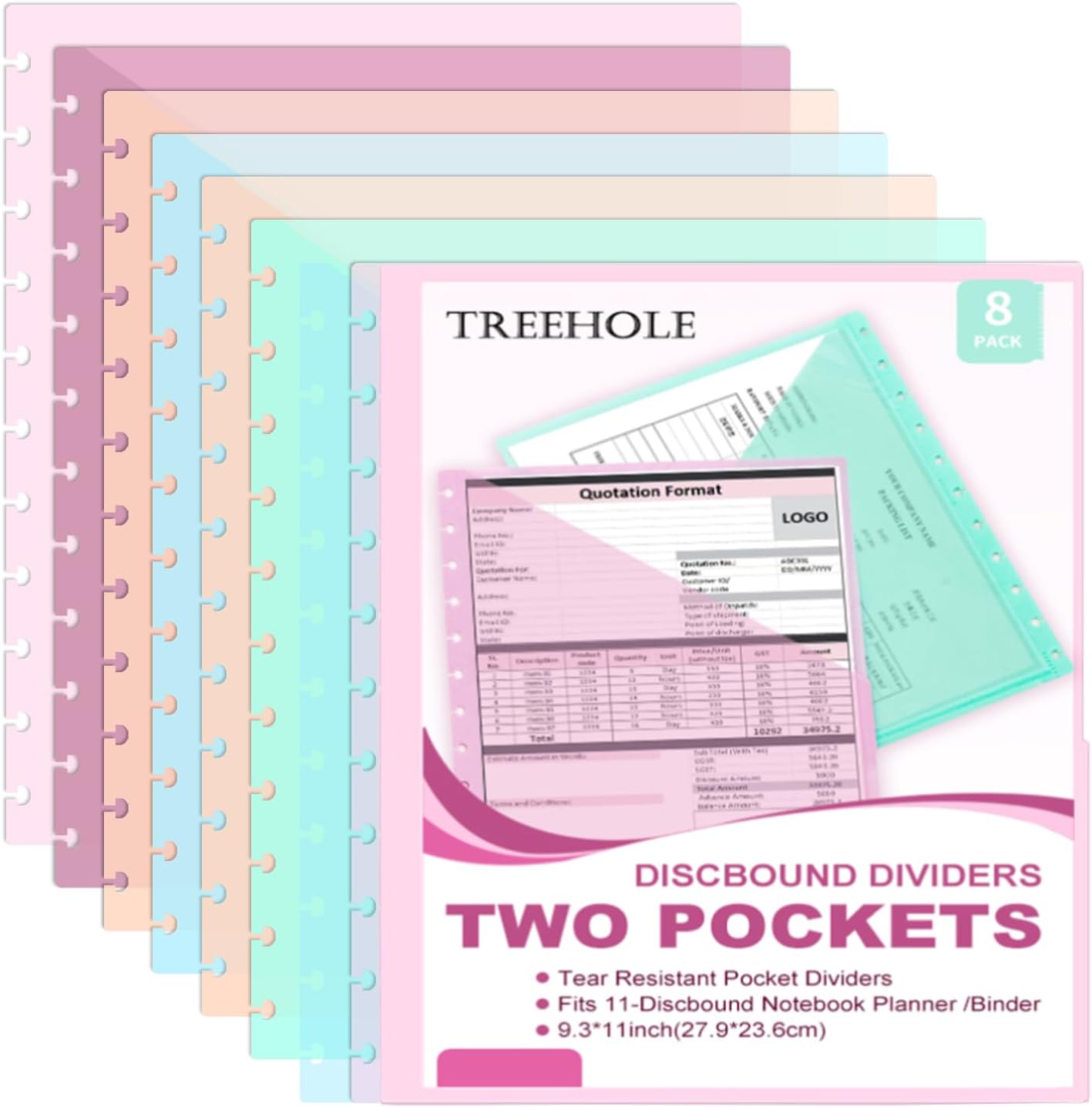 8 PCS Discbound Dividers Letter Size Disc Planner 2 Pocket Fit Letter Size 8.5" x 11" Paper Notebook with Pockets 11 Disc Folder for Office Home School (8)
