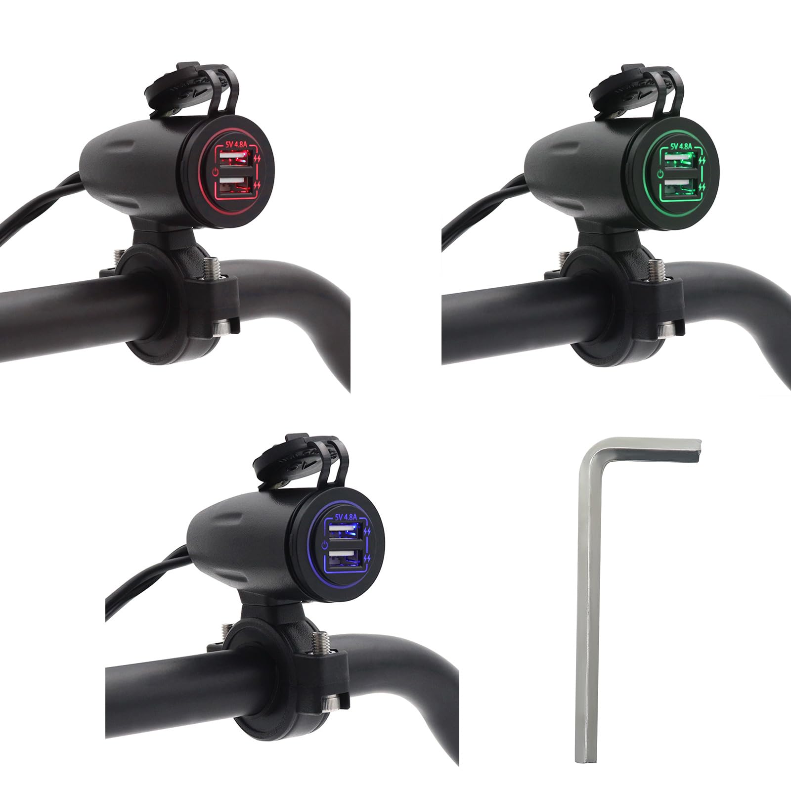 12V-24V USB Motorcycle Charger Socket with Dustproof Cap Fast Charging Port with LED Light 5V 4.8A Charger