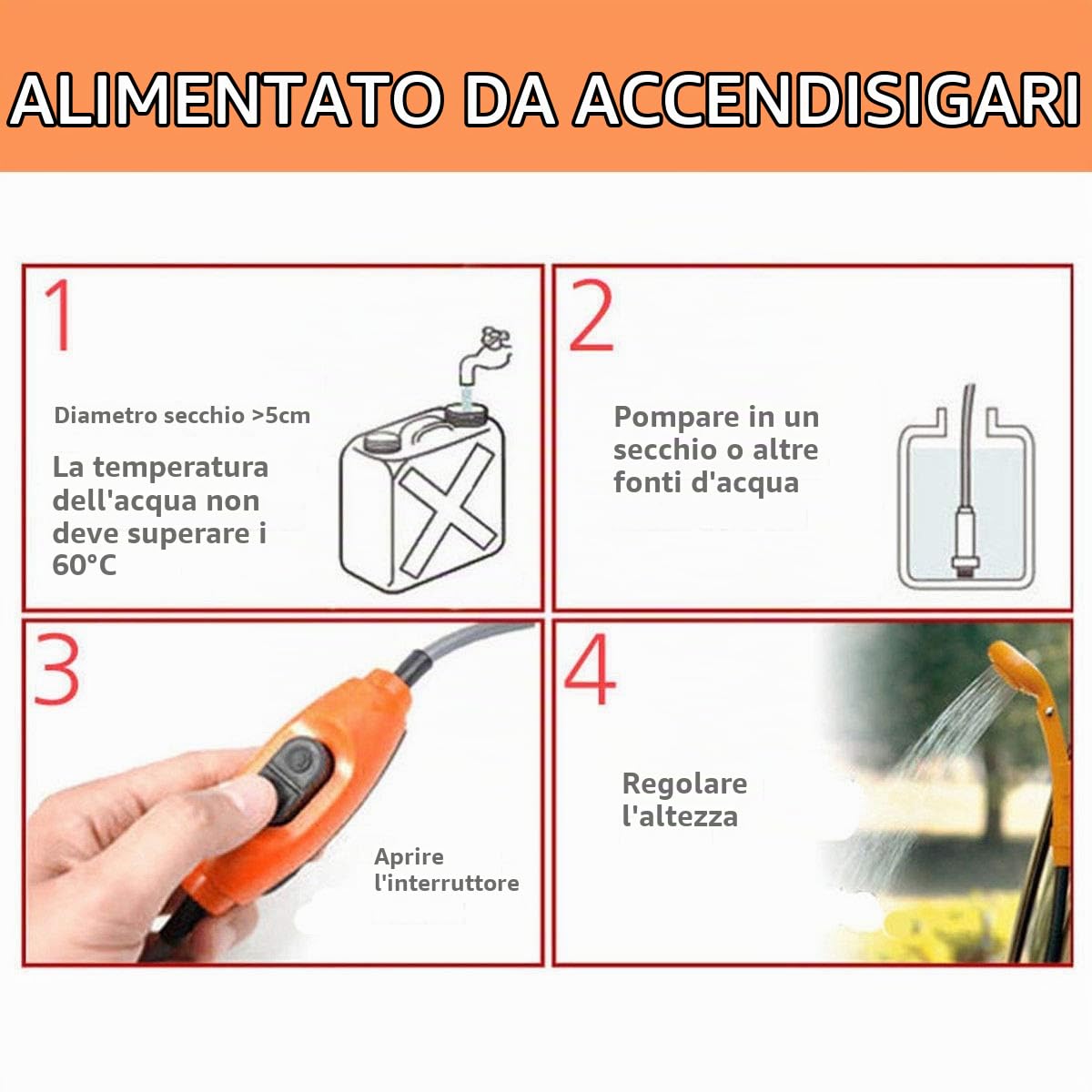 Riloer Kit doccia portatile da esterno, docce da campeggio portatili 12V con pompa dell'acqua, cavo da 5 metri con presa accendisigari, max 7 litri di acqua al minuto compatto
